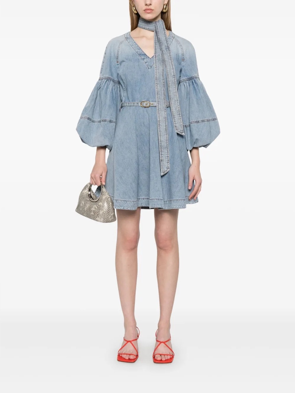 NWOT Zimmermann Tie Neck Puff Sleeve Denim Dress w/ Belt 2 US8